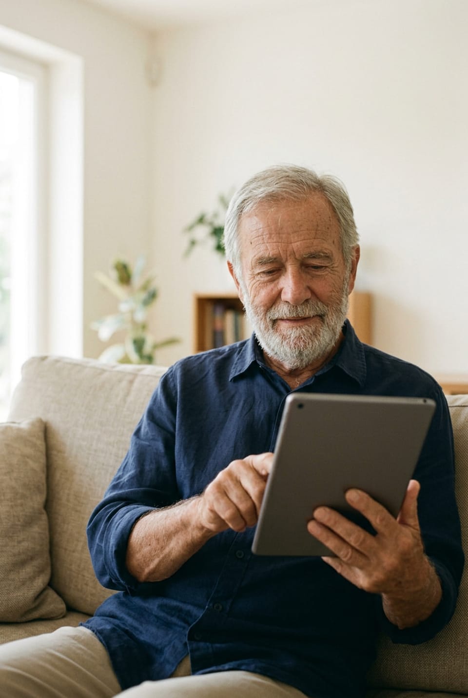 An older man completing his check on a tablet at home