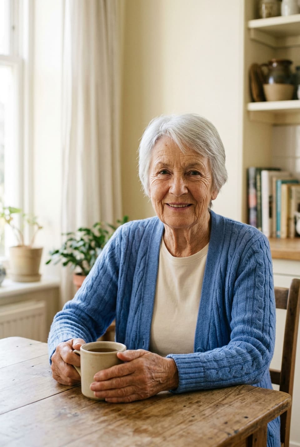 An older woman at her kitchen table